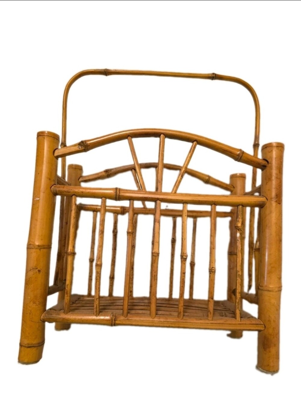 Vintage MCM Bamboo Rattan Magazine Rack Sunburst Arch Handle Boho Tiki Storage